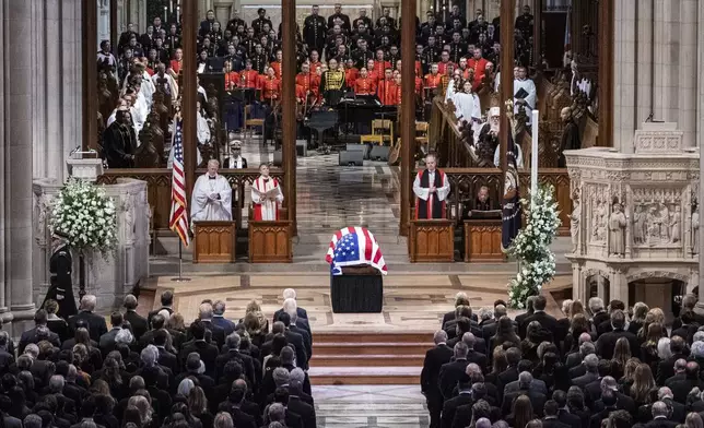 The casket of former President Jimmy Carter is pictured during a state funeral at the National Cathedral, Thursday, Jan. 9, 2025, in Washington. (Haiyun Jiang/The New York Times via AP, Pool)