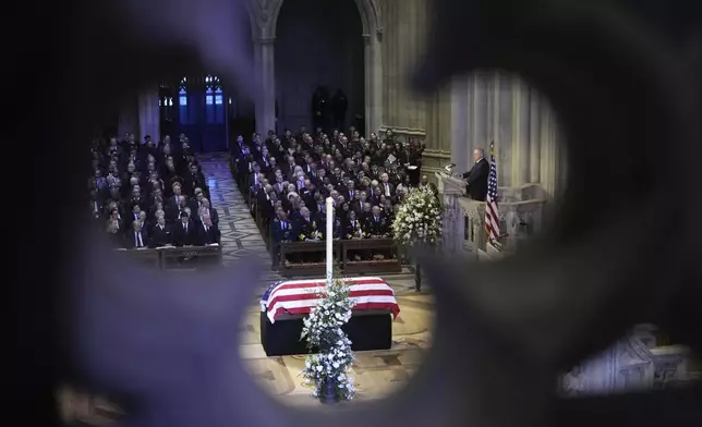 Ted Mondale, son of the late former Vice President Walter Mondale, speaks a tribute written by his father, during the state funeral for former President Jimmy Carter at Washington National Cathedral in Washington, Thursday, Jan. 9, 2025. (AP Photo/Ben Curtis)