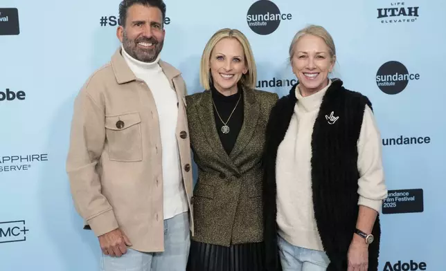 John Maucere, from left, Marlee Matlin, and Liz Tannebaum attend the premiere of "Marlee Matlin: Not Alone Anymore" during the Sundance Film Festival on Thursday, Jan. 23, 2025, at Eccles Theatre in Park City, Utah. (Photo by Charles Sykes/Invision/AP)