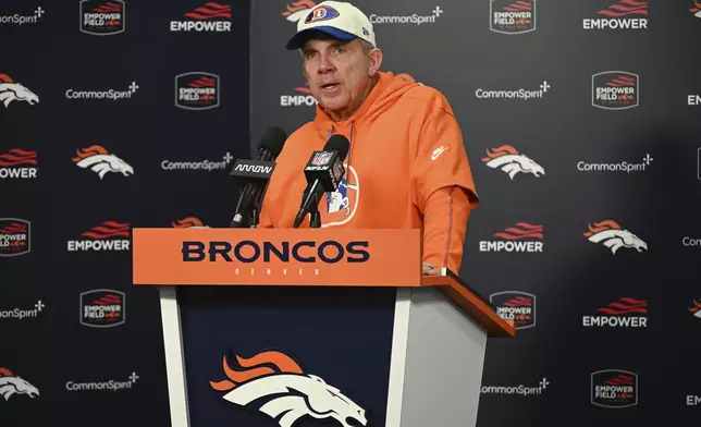 Denver Broncos head coach Sean Payton responds to a question during a news conference after an NFL football game against the Kansas City Chiefs, Sunday, Jan. 5, 2025, in Denver. (AP Photo/David Zalubowski)