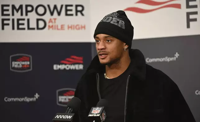 Denver Broncos cornerback Pat Surtain II responds to a question during a news conference after an NFL football game against the Kansas City Chiefs, Sunday, Jan. 5, 2025, in Denver. (AP Photo/David Zalubowski)