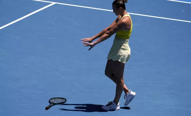 Aryna Sabalenka of Belarus reacts during her third round match against Clara Tauson of Denmark at the Australian Open tennis championship in Melbourne, Australia, Friday, Jan. 17, 2025. (AP Photo/Asanka Brendon Ratnayake)