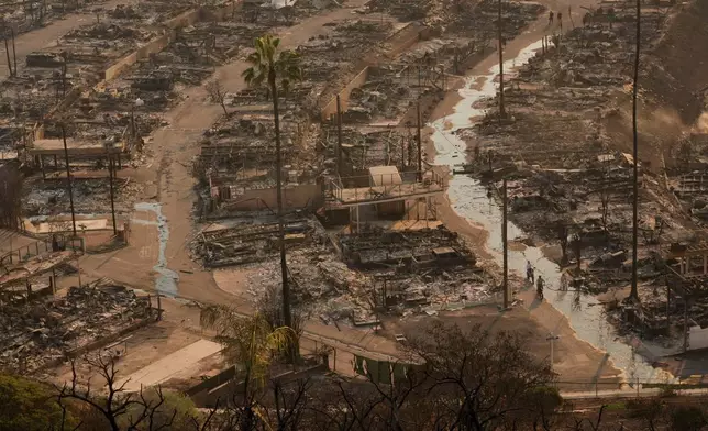 Two people ride bicycles amid the destruction left behind by the Palisades Fire in the Pacific Palisades neighborhood of Los Angeles, Thursday, Jan. 9, 2025. (AP Photo/Jae C. Hong)