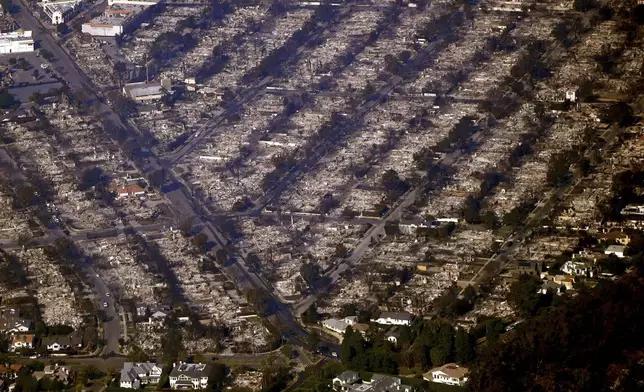 Homes are seen burned while a few still stand, Thursday, Jan. 9, 2025, in the Pacific Palisades section of Los Angeles. (AP Photo/Mark J. Terrill)