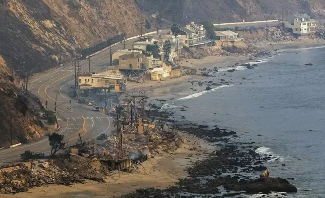 Beach front properties are left destroyed by the Palisades Fire, in this aerial view, Thursday, Jan. 9, 2025 in Malibu, Calif. (AP Photo/Mark J. Terrill)