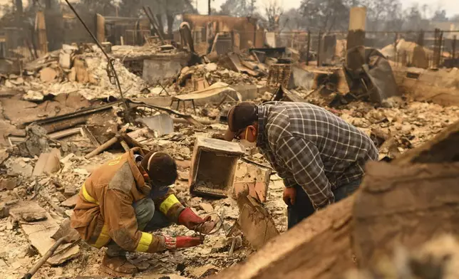 Robert Lara, left, looks for belongings along with his stepfather after the Eaton Fire burns in Altadena, Calif., Thursday, Jan. 9, 2025. (AP Photo/Nic Coury)