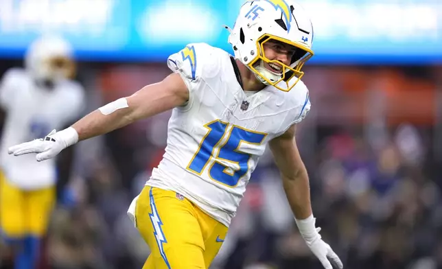 Los Angeles Chargers wide receiver Ladd McConkey celebrates after his touchdown during the second half of an NFL football game against the New England Patriots, Saturday, Dec. 28, 2024, in Foxborough, Mass. (AP Photo/Robert F. Bukaty)