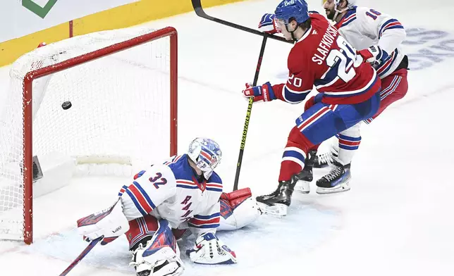 Montreal Canadiens' Juraj Slafkovsky (20) scores against New York Rangers goaltender Jonathan Quick (32) as Rangers' Vincent Trocheck (16) defends during third-period NHL hockey game action in Montreal, Sunday, Jan. 19, 2025. (Graham Hughes/The Canadian Press via AP)