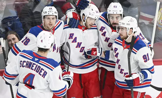 New York Rangers' Will Cuylle (50) celebrates with teammates after scoring during the first period of an NHL hockey game against the Montreal Canadiens, in Montreal, Sunday, Jan. 19, 2025. (Graham Hughes/The Canadian Press via AP)