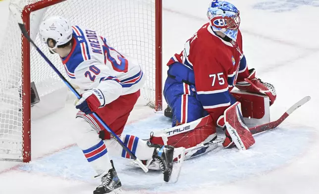Montreal Canadiens goaltender Jakub Dobes (75) looks on after being scored against by New York Rangers' Chris Kreider (20) during second-period NHL hockey game action in Montreal, Sunday, Jan. 19, 2025. (Graham Hughes/The Canadian Press via AP)