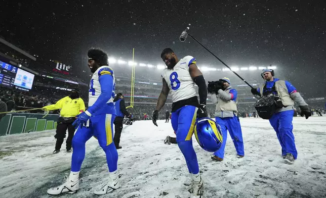 Los Angeles Rams linebacker Jared Verse (8) walks off the field after an NFL football NFC divisional playoff game against the Philadelphia Eagles on Sunday, Jan. 19, 2025, in Philadelphia. (AP Photo/Derik Hamilton)