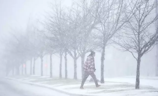 A person crosses a street as heavy snow falls Sunday, Jan. 5, 2025, in St. Louis. (AP Photo/Jeff Roberson)