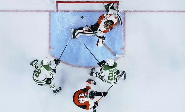 Dallas Stars' Mavrik Bourque (22) scores a goal against Philadelphia Flyers' Samuel Ersson (33) during the first period of an NHL hockey game, Thursday, Jan. 9, 2025, in Philadelphia. (AP Photo/Matt Slocum)