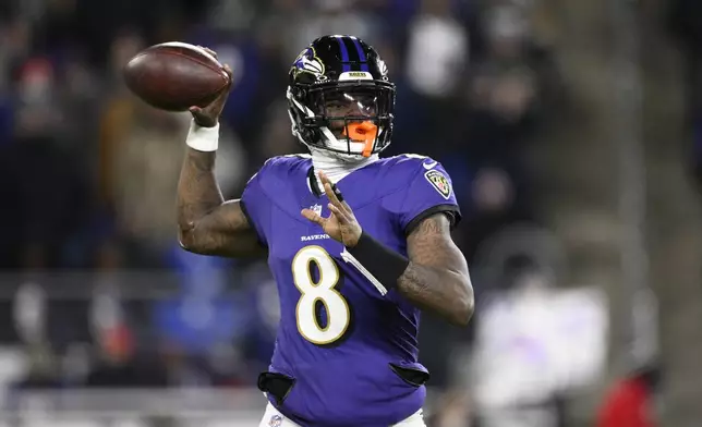 Baltimore Ravens quarterback Lamar Jackson throws during the first half of an NFL football game against the Cleveland Browns Saturday, Jan. 4, 2025, in Baltimore. (AP Photo/Nick Wass)