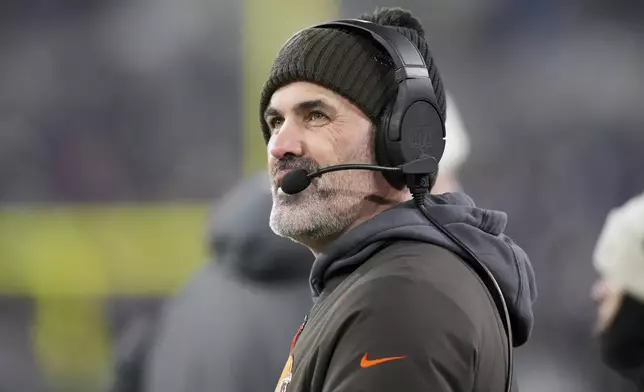 Cleveland Browns head coach Kevin Stefanski watches from the sidelines during the first half of an NFL football game against the Baltimore Ravens Saturday, Jan. 4, 2025, in Baltimore. (AP Photo/Stephanie Scarbrough)