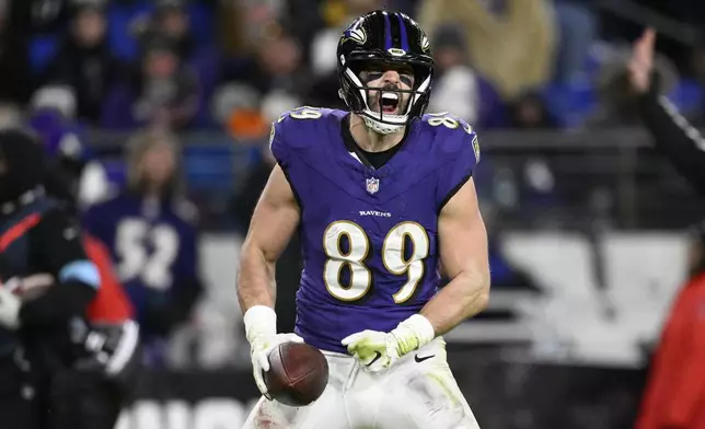 Baltimore Ravens tight end Mark Andrews celebrates after making a catch during the second half of an NFL football game against the Cleveland Browns Saturday, Jan. 4, 2025, in Baltimore. (AP Photo/Nick Wass)