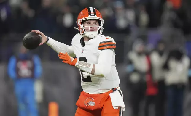 Cleveland Browns quarterback Bailey Zappe throws during the first half of an NFL football game against the Baltimore Ravens Saturday, Jan. 4, 2025, in Baltimore. (AP Photo/Stephanie Scarbrough)