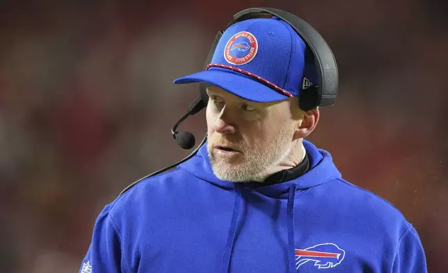 Buffalo Bills head coach Sean McDermott watches from the sidelines during the first half of the AFC Championship NFL football game against the Kansas City Chiefs, Sunday, Jan. 26, 2025, in Kansas City, Mo. (AP Photo/Charlie Riedel)