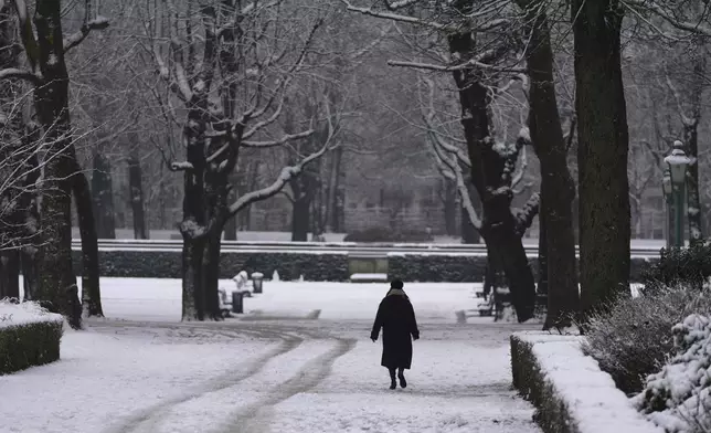 A woman walks in the park after early morning snow fell in the center of Brussels, Thursday, Jan. 9, 2025. (AP Photo/Virginia Mayo)