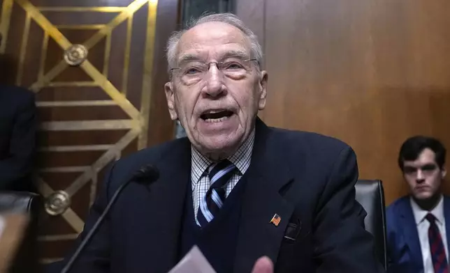Sen. Chuck Grassley, R-Iowa, speaks at the Senate Finance Committee confirmation hearing for Scott Bessent, President-elect Donald Trump's choice to be Secretary of the Treasury, at the Capitol in Washington, Thursday, Jan. 16, 2025. (AP Photo/Ben Curtis)
