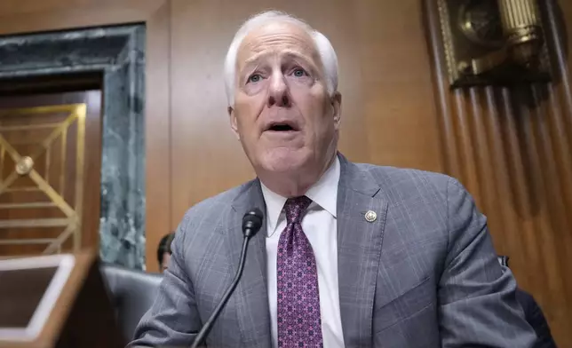 Sen. John Cornyn, R-Texas, speaks at the Senate Finance Committee confirmation hearing for Scott Bessent, President-elect Donald Trump's choice to be Secretary of the Treasury, at the Capitol in Washington, Thursday, Jan. 16, 2025. (AP Photo/Ben Curtis)