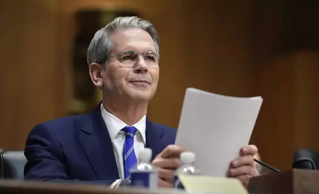 Scott Bessent, President-elect Donald Trump's choice to be secretary of the Treasury, appears before the Senate Finance Committee for his confirmation hearing, at the Capitol in Washington, Thursday, Jan. 16, 2025. (AP Photo/J. Scott Applewhite)