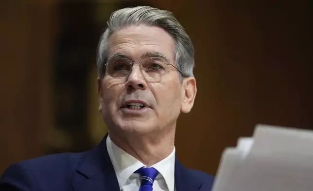 Scott Bessent, President-elect Donald Trump's choice to be secretary of the Treasury, appears before the Senate Finance Committee for his confirmation hearing, at the Capitol in Washington, Thursday, Jan. 16, 2025. (AP Photo/J. Scott Applewhite)