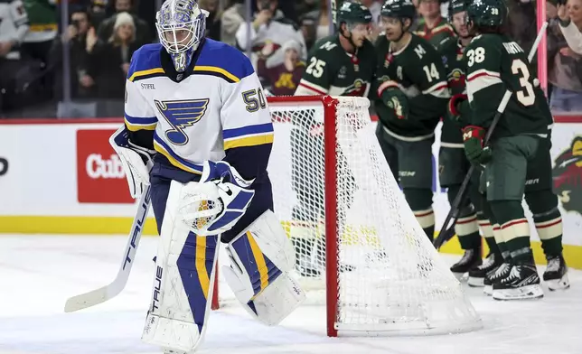 St. Louis Blues goaltender Jordan Binnington, left, reacts to Minnesota Wild center Joel Eriksson Ek's goal during the second period of an NHL hockey game Tuesday, Jan. 7, 2025, in St. Paul, Minn. (AP Photo/Matt Krohn)