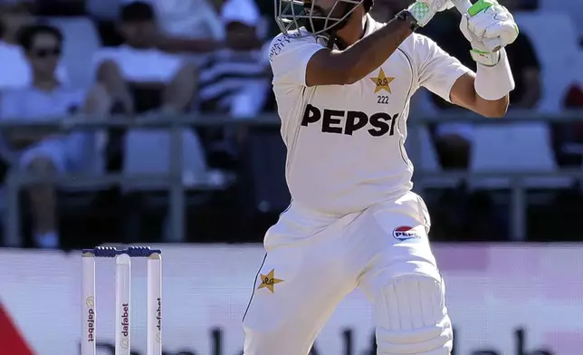 Pakistan's Babar Azam in action during the second day of the second test match between South Africa and Pakistan in Cape Town, South Africa, Saturday, Jan. 4, 2025. (AP Photo/Halden Krog)