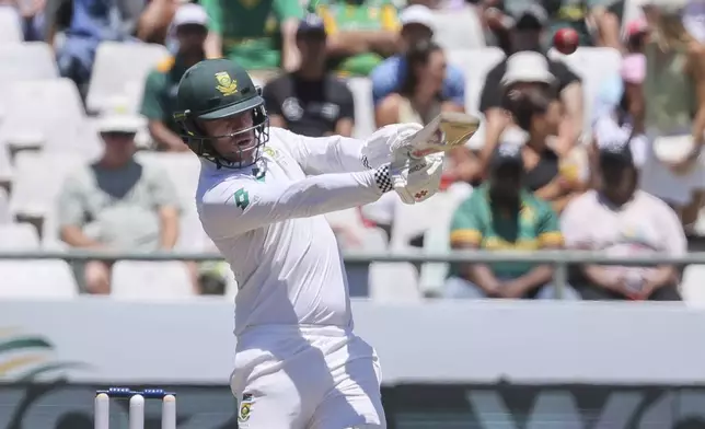 South Africa's Kyle Verreynne plays a shot during the second day of the second test match between South Africa and Pakistan in Cape Town, South Africa, Saturday, Jan. 4, 2025. (AP Photo/Halden Krog)