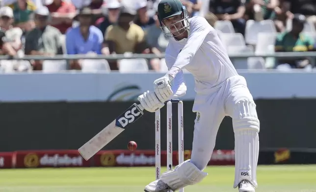 South Africa's Marco Jansen plays a shot during the second day of the second test match between South Africa and Pakistan in Cape Town, South Africa, Saturday, Jan. 4, 2025. (AP Photo/Halden Krog)