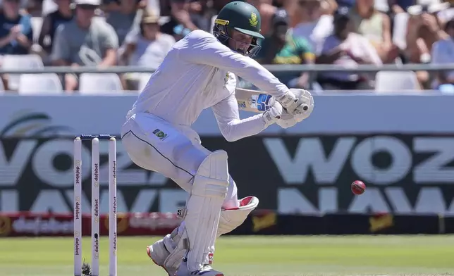 South Africa's Ryan Rickelton in action during the second day of the second test match between South Africa and Pakistan in Cape Town, South Africa, Saturday, Jan. 4, 2025. (AP Photo/Halden Krog)