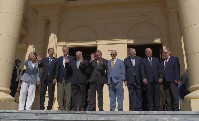 Former Venezuelan opposition presidential candidate Edmundo Gonzalez, center, stands with former presidents, from left, Laura Chinchilla of Costa Rica, Jorge Quiroga of Bolivia, Vicente Fox of Mexico, Andres Pastrana of Colombia, Hipolito Mejia of the Dominican Republic, Jamil Mahuad of Ecuador, Felipe Calderon of Mexico and General Secretary of the Democratic Initiative of Spain and the Americas Asdrubal Aguiar, at the presidential palace in Santo Domingo, Dominican Republic, Thursday, Jan. 9, 2025. (AP Photo/Ricardo Hernandez)