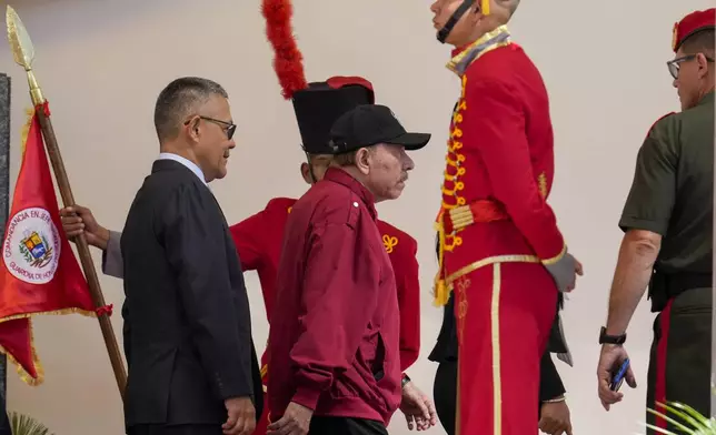 Nicaragua's President Daniel Ortega arrives for the inauguration ceremony of Venezuelan President Nicolas Maduro for a third term in Caracas, Venezuela, Friday, Jan. 10, 2025. (AP Photo/Ariana Cubillos)