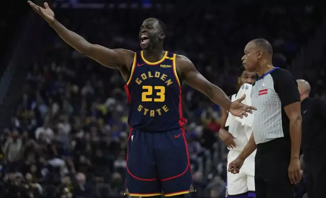 Golden State Warriors forward Draymond Green (23) reacts during the first half of an NBA basketball game against the Sacramento Kings, Sunday, Jan. 5, 2025, in San Francisco. (AP Photo/Godofredo A. Vásquez)