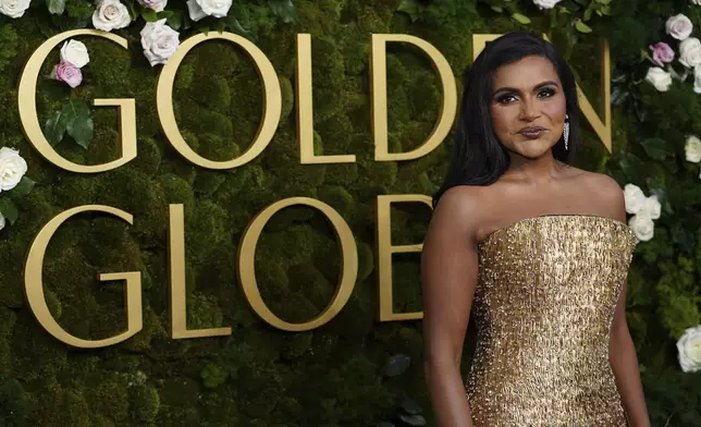 Mindy Kaling arrives at the 82nd Golden Globes on Sunday, Jan. 5, 2025, at the Beverly Hilton in Beverly Hills, Calif. (Photo by Jordan Strauss/Invision/AP)