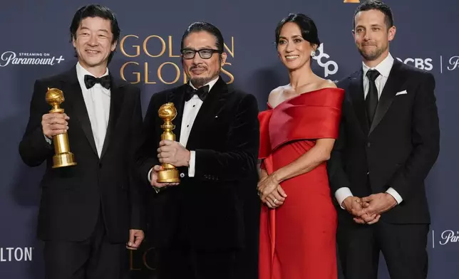 Tadanobu Asano, from left, Hiroyuki Sanada, Rachel Kondo and Justin Marks pose in the press room with the award for best television series - drama for "Shogun" during the 82nd Golden Globes on Sunday, Jan. 5, 2025, at the Beverly Hilton in Beverly Hills, Calif. (AP Photo/Chris Pizzello)