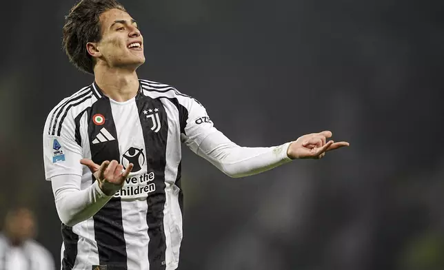 Juventus' Kenan Yildiz celebrates after scoring the opening goal during the Italian Serie A soccer match between Torino FC and and Juventus, at the Stadio Olimpico Grande Torino, in Turin, Italy, Saturday, Jan. 11, 2025. (Marco Alpozzi/Lapresse via AP)
