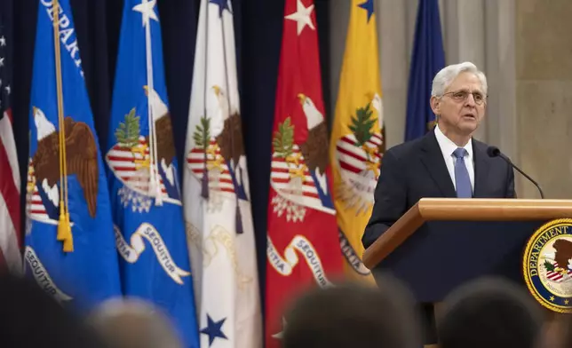 Attorney General Merrick Garland speaks during a farewell ceremony at the Department of Justice, Thursday, Jan. 16, 2025, in Washington. (AP Photo/Mark Schiefelbein)