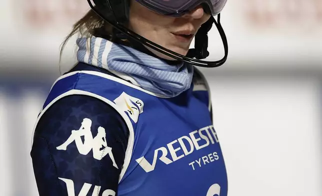 United States' Mikaela Shiffrin gets to the finish area after completing a women's World Cup slalom, in Courchevel, France, Thursday Jan. 30, 2025. (AP Photo/Gabriele Facciotti)