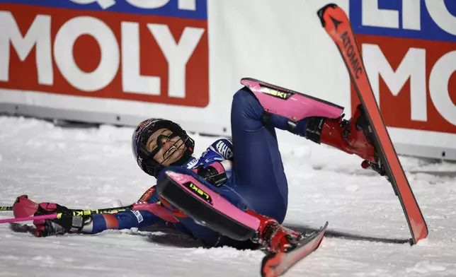 Croatia's Zrinka Ljutic celebrates in the finish are after winning a women's World Cup slalom, in Courchevel, France, Thursday Jan. 30, 2025. (AP Photo/Gabriele Facciotti)