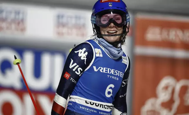 United States' Mikaela Shiffrin gets to the finish area after completing a women's World Cup slalom, in Courchevel, France, Thursday Jan. 30, 2025. (AP Photo/Gabriele Facciotti)