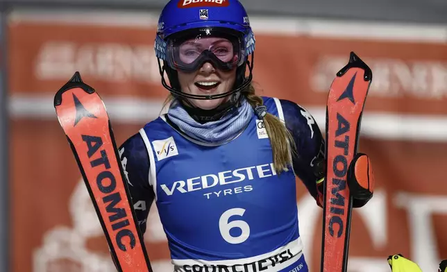 United States' Mikaela Shiffrin gets to the finish area after completing a women's World Cup slalom, in Courchevel, France, Thursday Jan. 30, 2025. (AP Photo/Gabriele Facciotti)