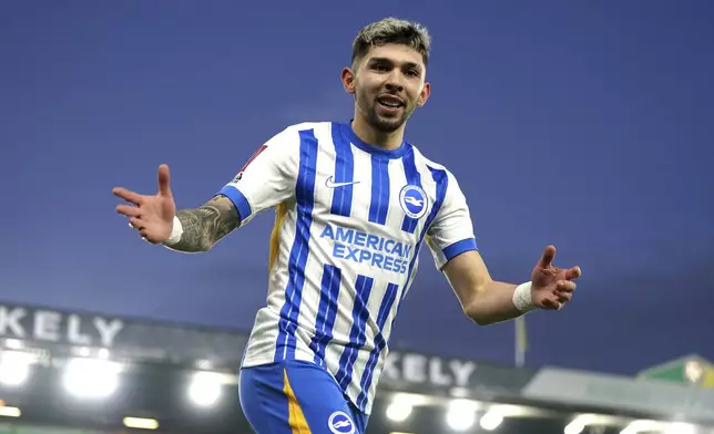 Brighton and Hove Albion's Julio Enciso celebrates scoring during the English FA Cup third round soccer match between Norwich City and Brighton and Hove Albion, at Carrow Road, in Norwich, England, Saturday, Jan. 11, 2025. (Joe Giddens/PA via AP)