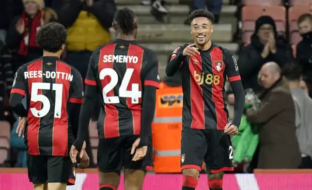 Bournemouth's Daniel Jebbison, right, celebrates scoring during the English FA Cup third round soccer match between Bournemouth and West Bromwich Albion at the Vitality Stadium, Bournemouth, England, Saturday Jan. 11, 2025. (Andrew Matthews/PA via AP)