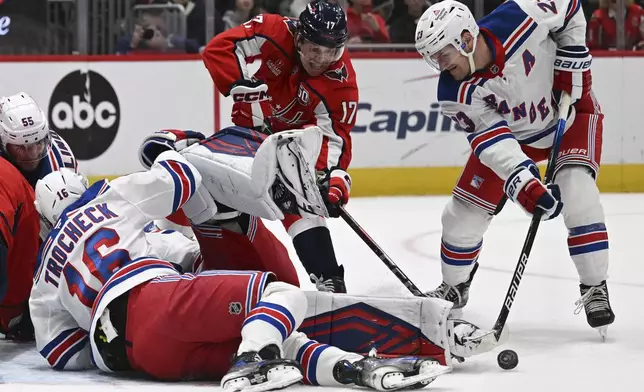 New York Rangers defenseman Adam Fox, right, clears the puck away from Washington Capitals center Dylan Strome (17) in front of a pile up at the Rangers' net during the first period of an NHL hockey game Saturday, Jan. 4, 2025, in Washington. (AP Photo/John McDonnell)