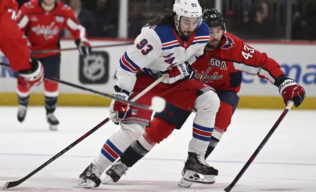 New York Rangers center Mika Zibanejad (93) loses control of the puck against Washington Capitals right wing Tom Wilson (43) during the second period of an NHL hockey game Saturday, Jan. 4, 2025, in Washington. (AP Photo/John McDonnell)