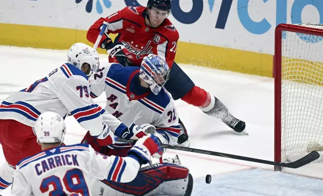 Washington Capitals center Aliaksei Protas (21) moves in behind New York Rangers goaltender Jonathan Quick (32) to score a goal on a rebound during the third period of an NHL hockey game Saturday, Jan. 4, 2025, in Washington. (AP Photo/John McDonnell)