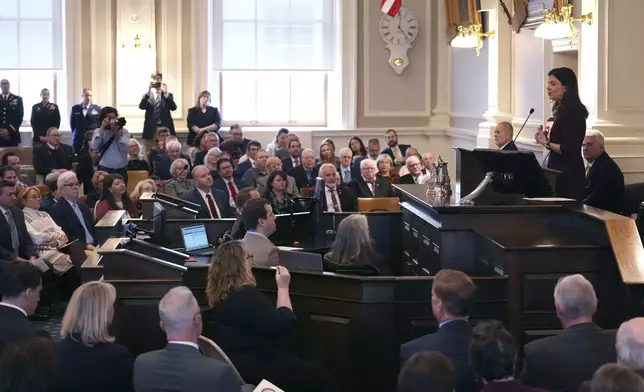 Republican Kelly Ayotte, a former U.S. senator who succeeds fellow Republican Chris Sununu, addresses the House Chamber during her inauguration at the State House, Thursday, Jan. 9, 2025, in Concord, N.H. (AP Photo/Charles Krupa)