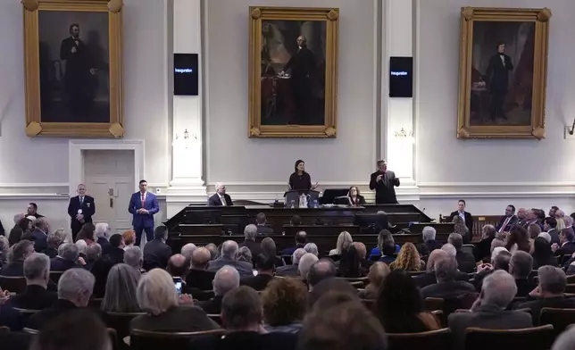 Republican Kelly Ayotte, a former U.S. senator who succeeds fellow Republican Chris Sununu, addresses the House Chamber during her inauguration at the State House, Thursday, Jan. 9, 2025, in Concord, N.H. (AP Photo/Charles Krupa)